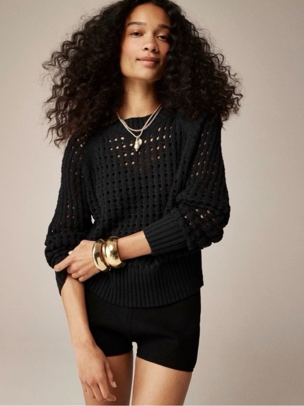 J. Crew Black Pointelle Open Knit  Crewneck Sweater Sz XXL